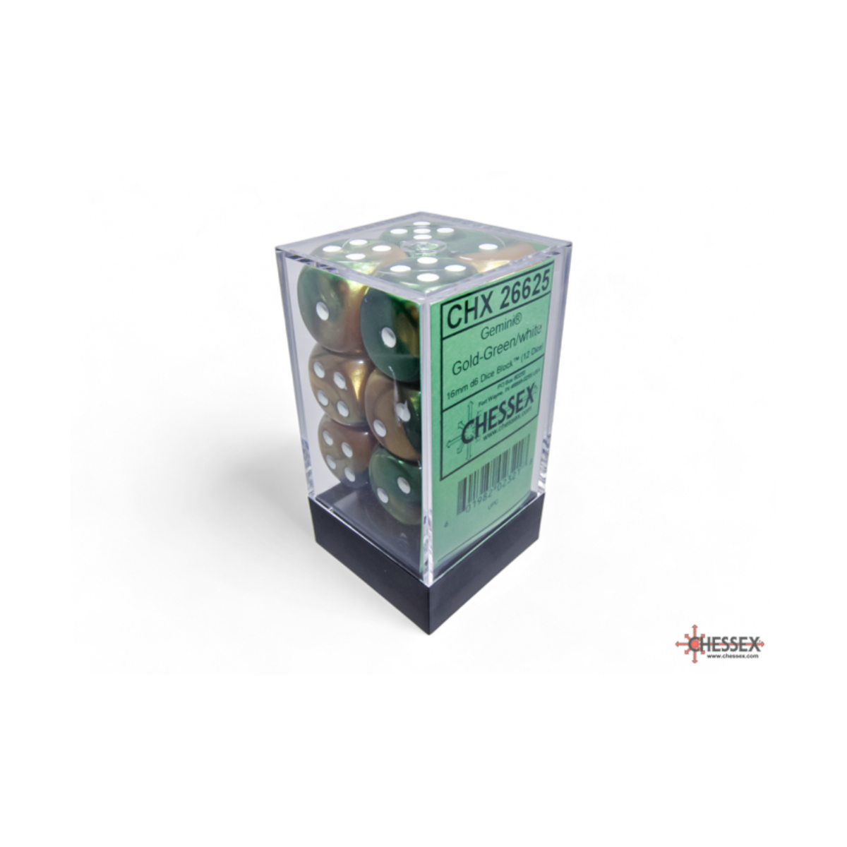 Chessex Gemini Gold-Green/White 16mm D6 Dice Block (12 Würfel)