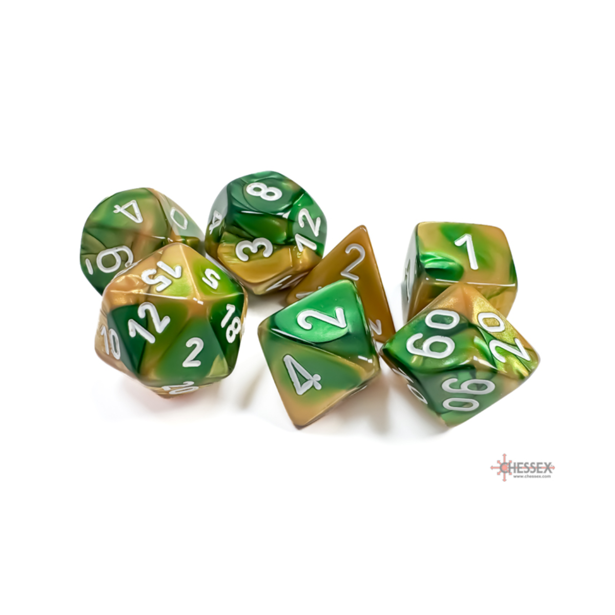 Chessex Gemini Gold-Green/White Polyhedral 7-Dice Set