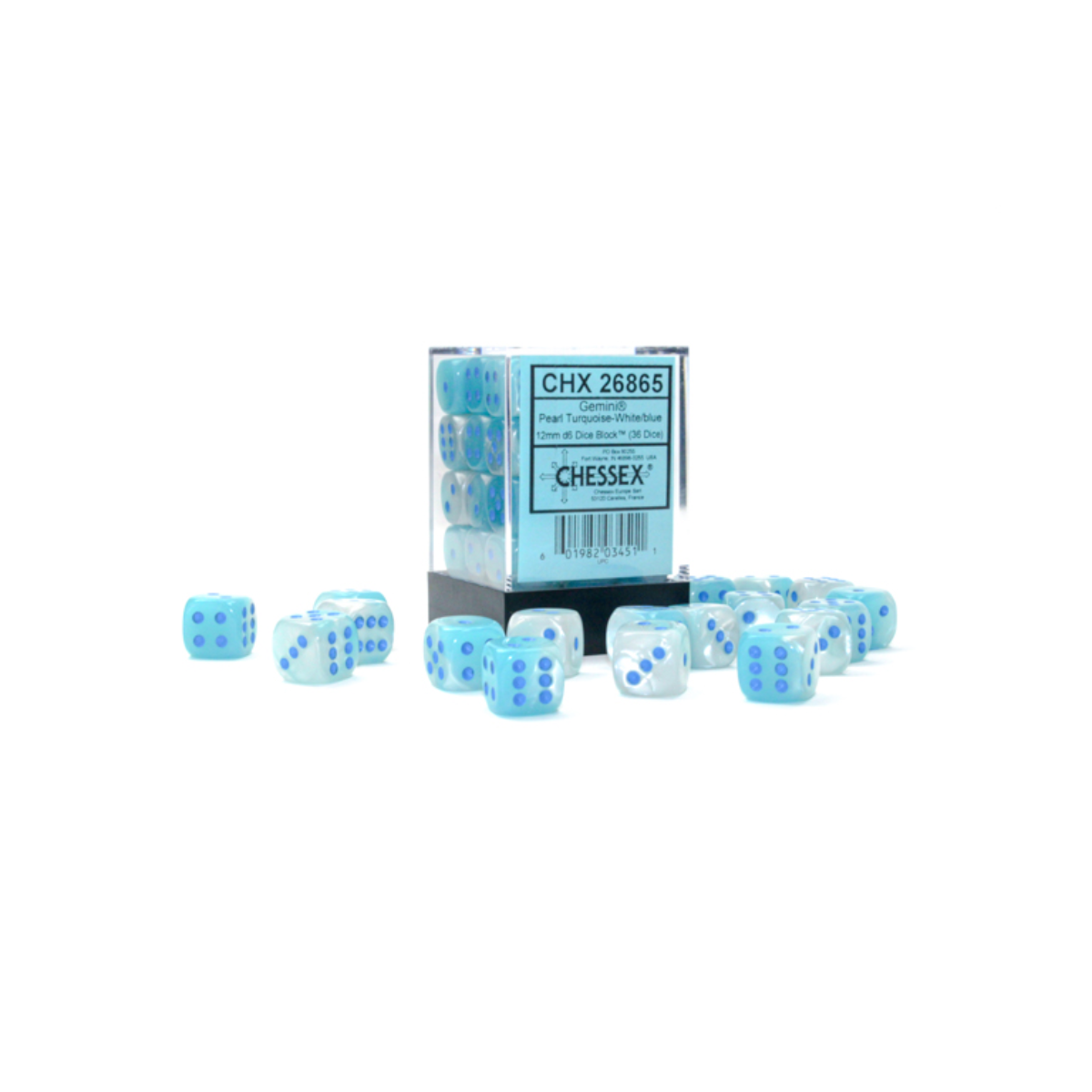 Chessex Gemini Pearl Turquoise-White/Blue Luminary 12mm D6 Dice Block (36 Würfel)