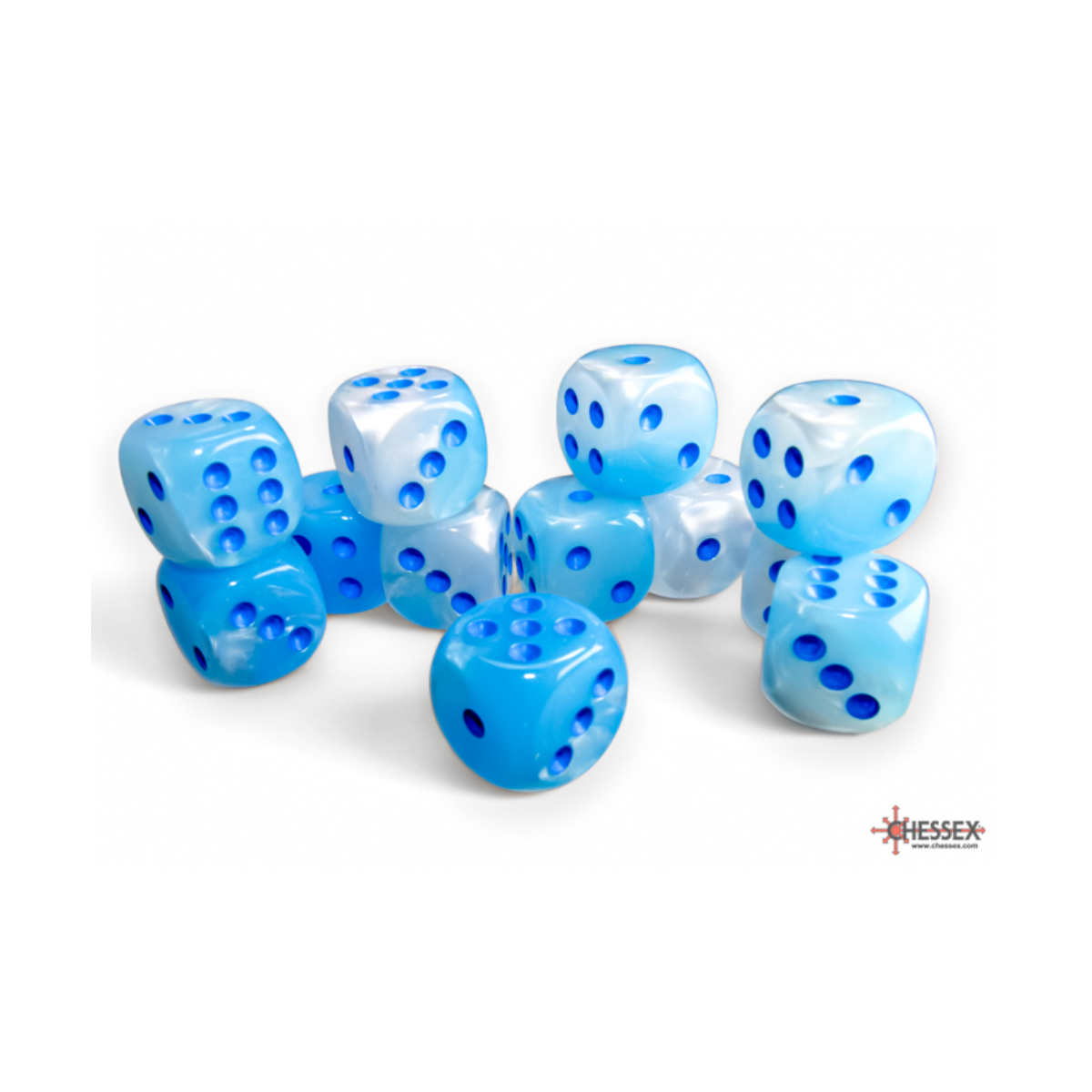 Chessex Gemini Pearl Turquoise-White/Blue Luminary 16mm D6 Dice Block (12 Würfel)