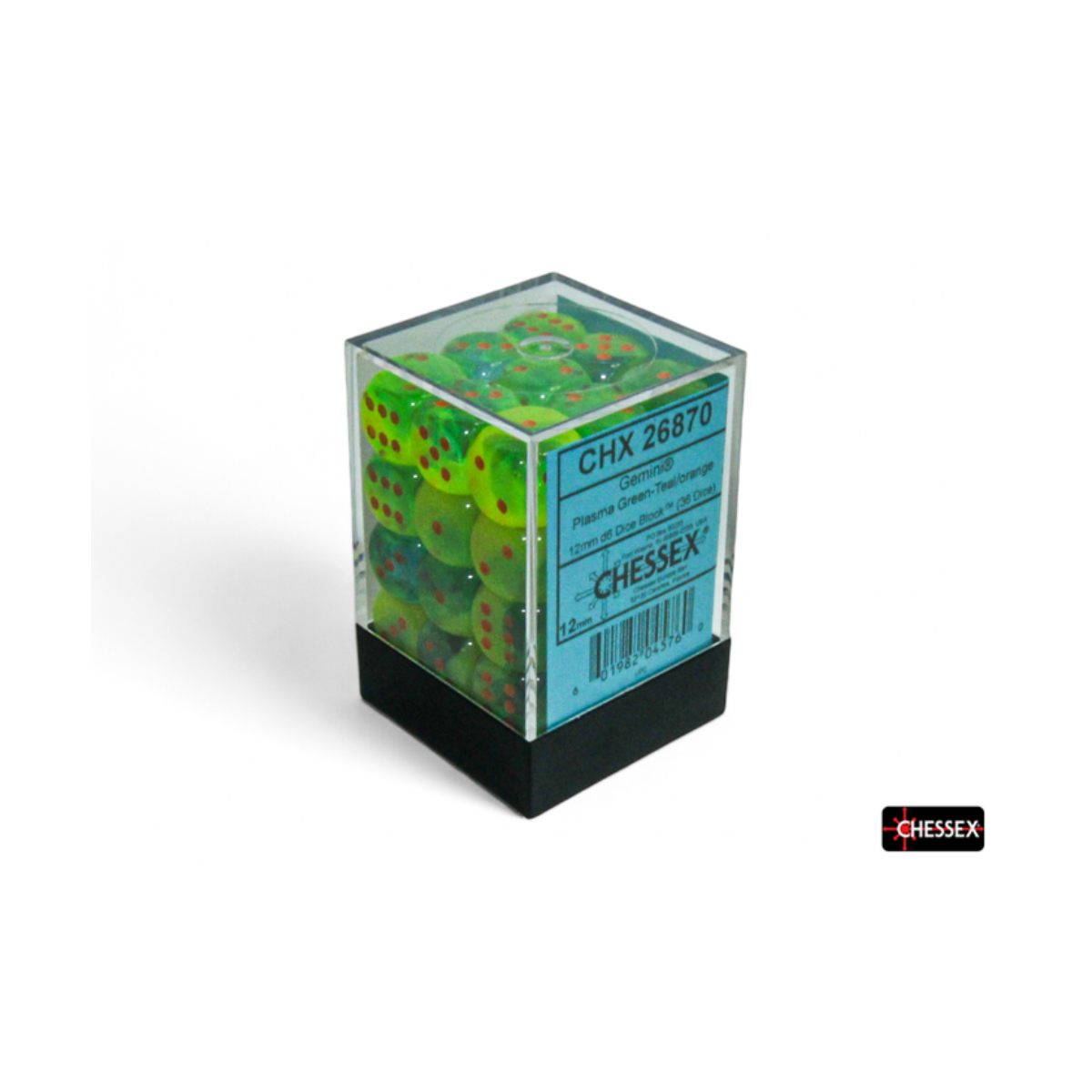 Chessex Gemini Plasma Green-Teal/Orange Luminary 12mm D6 Dice Block (36 Würfel)