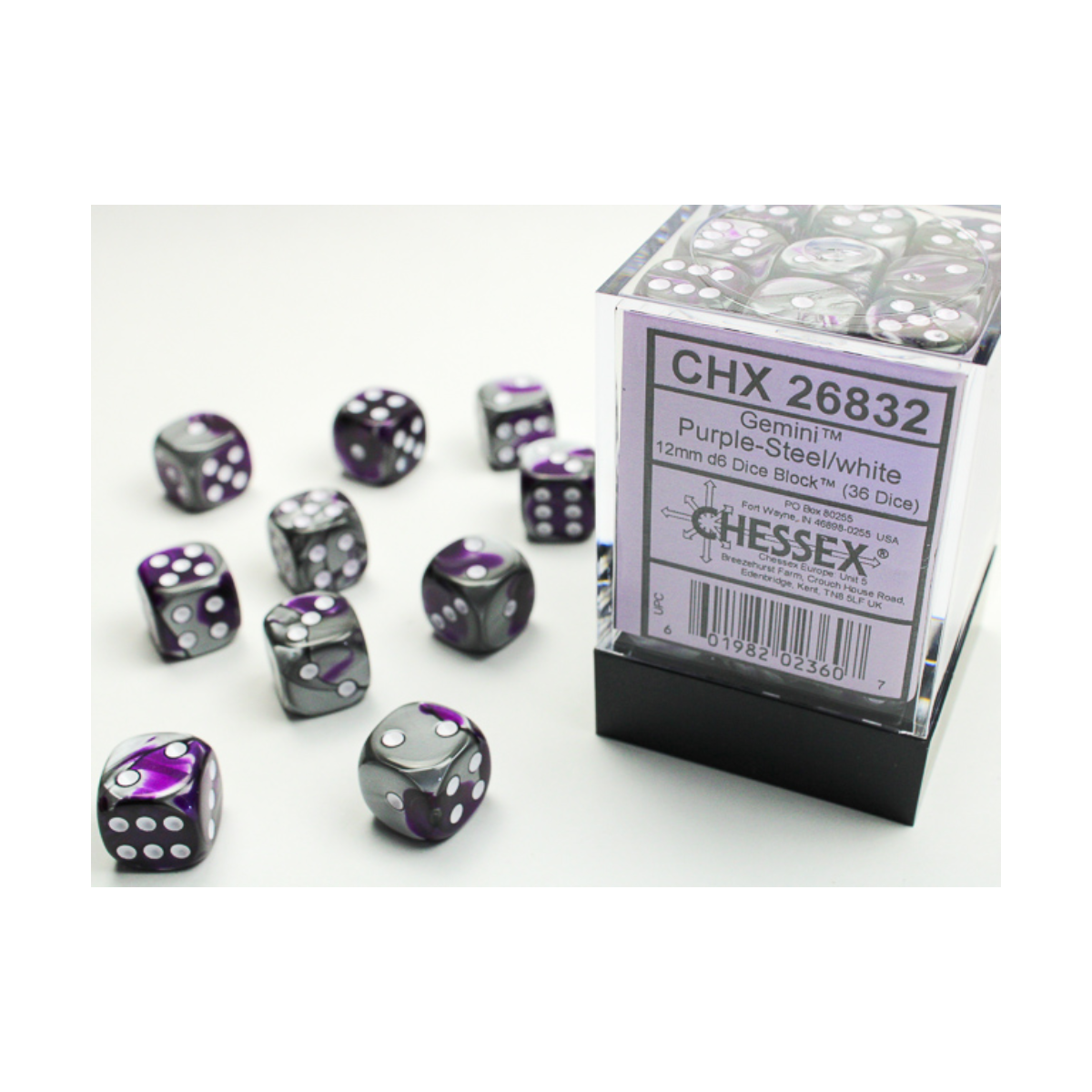 Chessex Gemini Purple-Steel/White 12mm D6 Dice Block (36 Würfel)