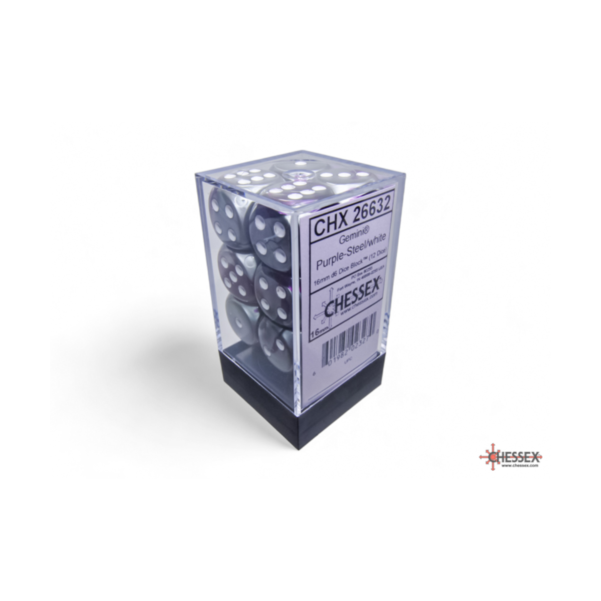 Chessex Gemini Purple-Steel/White 16mm D6 Dice Block (12 Würfel)