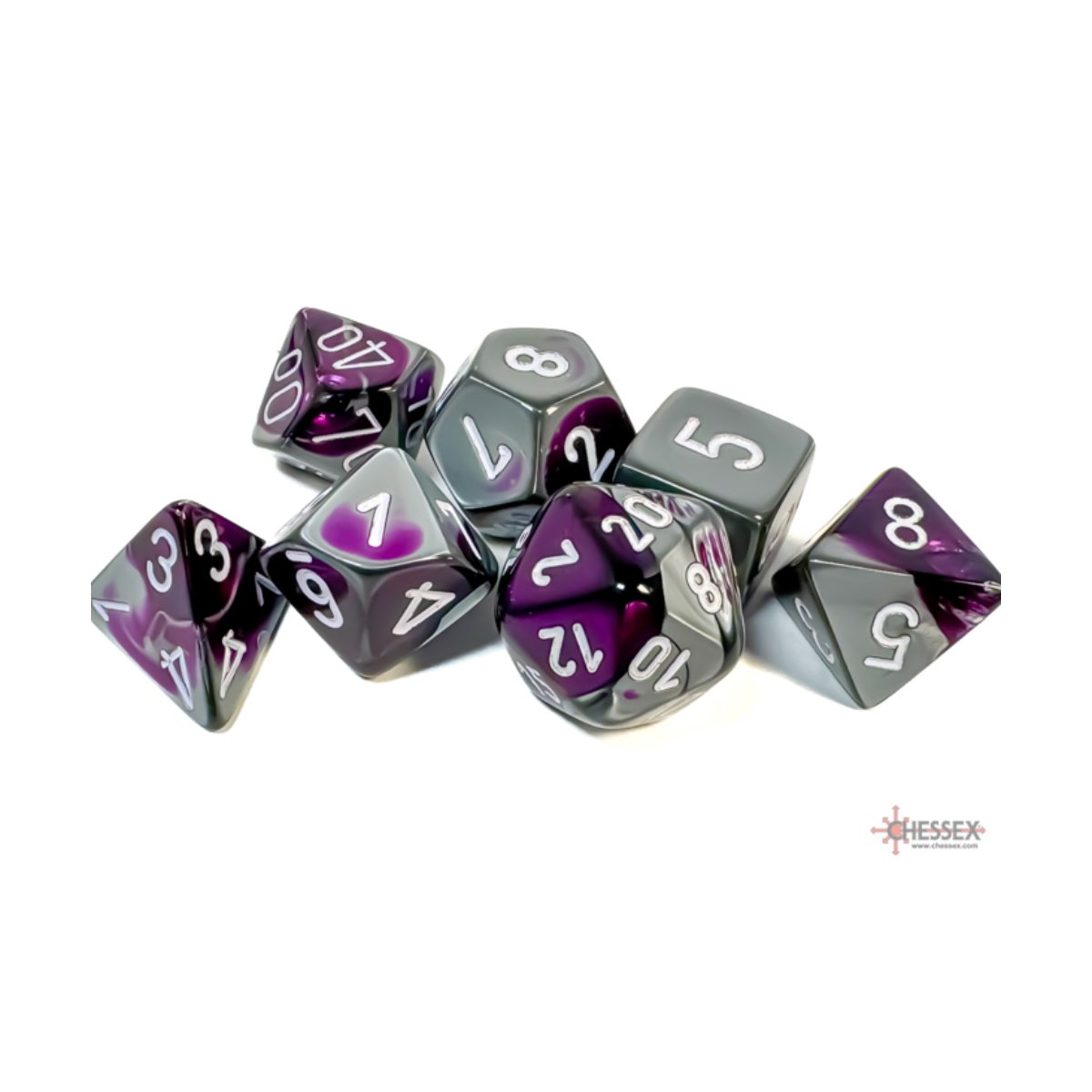 Chessex Gemini Purple-Steel/White Polyhedral 7-Dice Set