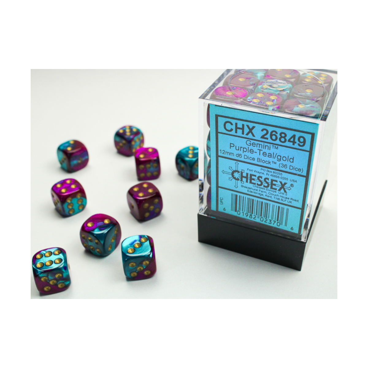Chessex Gemini Purple-Teal/Gold 12mm D6 Dice Block (36 Würfel)