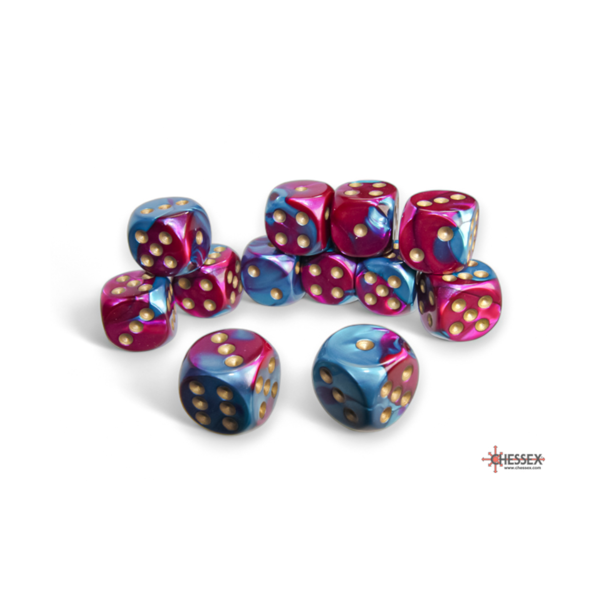 Chessex Gemini Purple-Teal/Gold 16mm D6 Dice Block (12 Würfel)