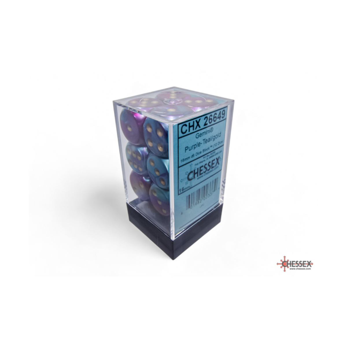 Chessex Gemini Purple-Teal/Gold 16mm D6 Dice Block (12 Würfel)