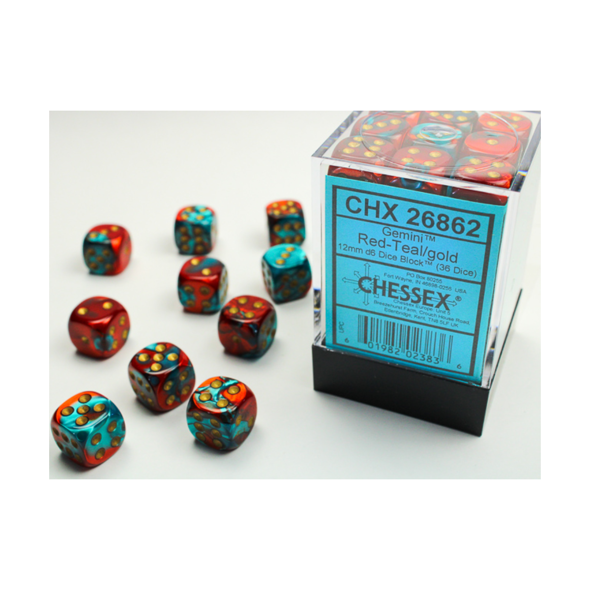 Chessex Gemini Red-Teal/Gold 12mm D6 Dice Block (36 Würfel)