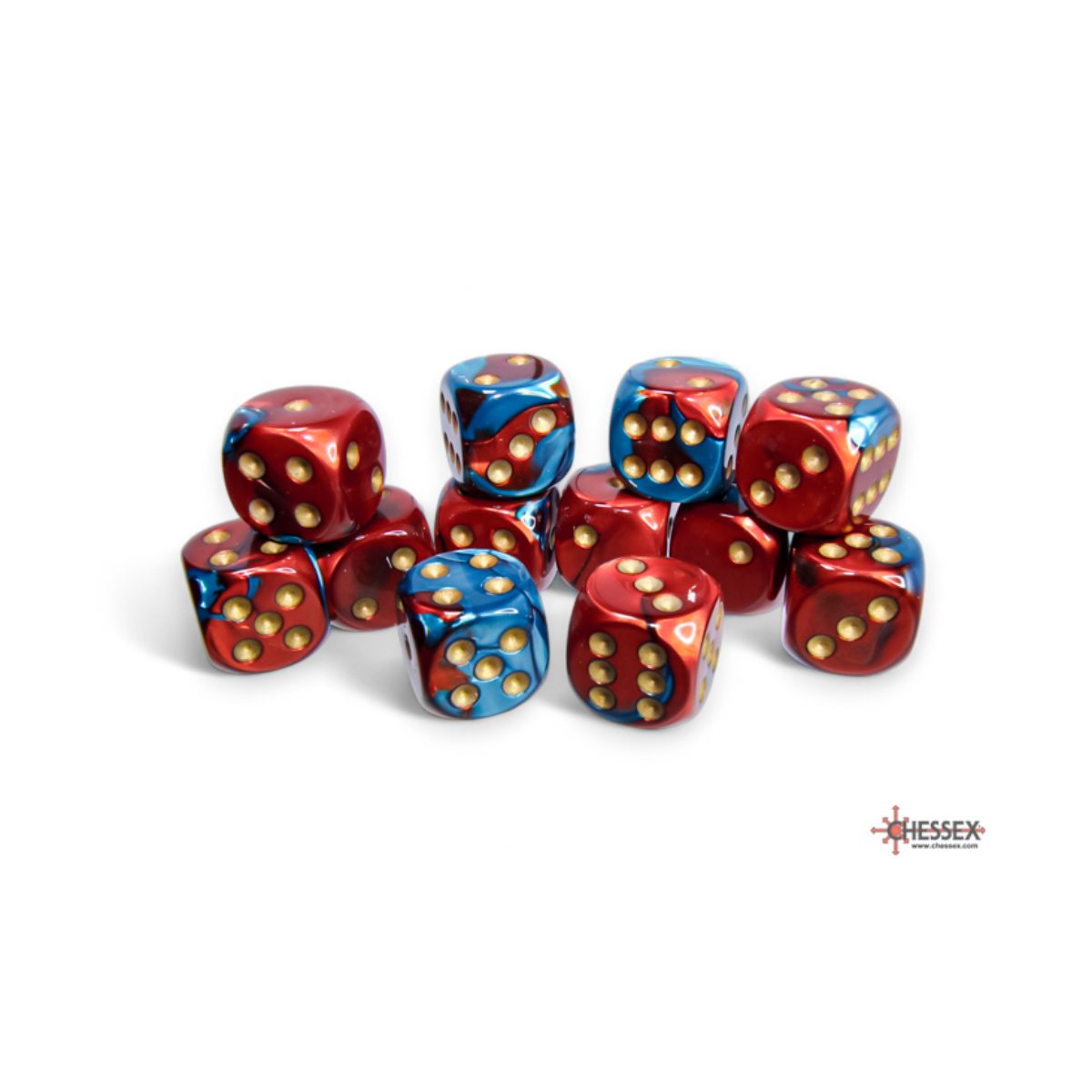 Chessex Gemini Red-Teal/Gold 16mm D6 Dice Block (12 Würfel)